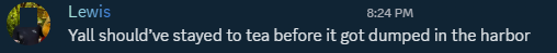 Lewis brings up the Boston Tea Party